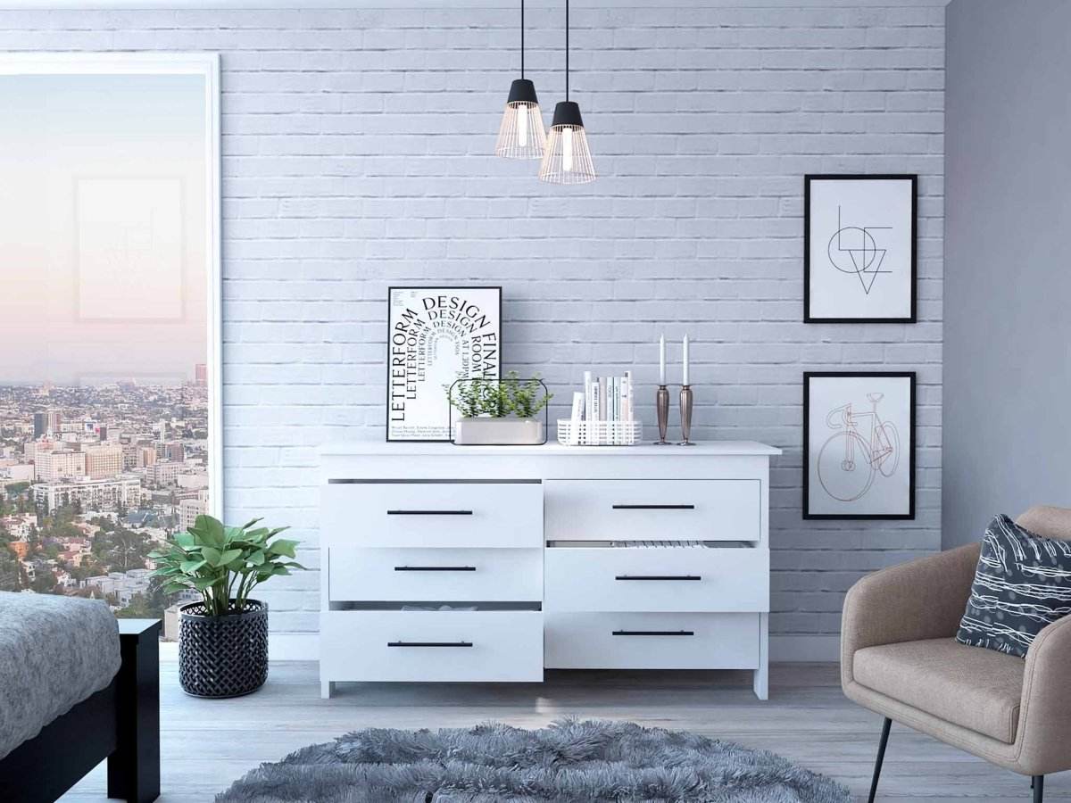 White Six Drawer Particle Board Dresser With Metal Pulls - Omega Lifestyles
