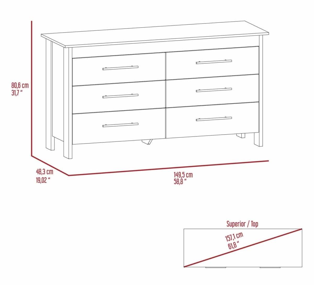 White Six Drawer Particle Board Dresser With Metal Pulls - Omega Lifestyles