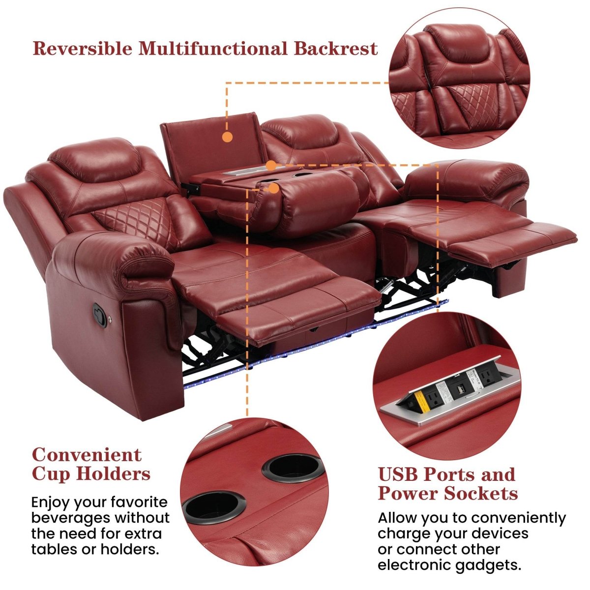 Wind Red Manual Recliner Chair With LED Light Strip - Zenvia - Omega Lifestyles