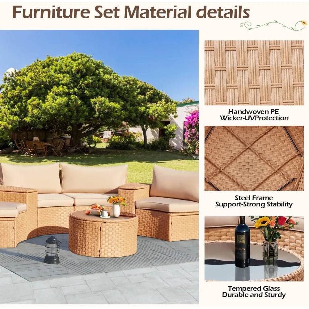 7-Piece Half Moon Outdoor Wicker Patio Furniture Set - Omega Lifestyles