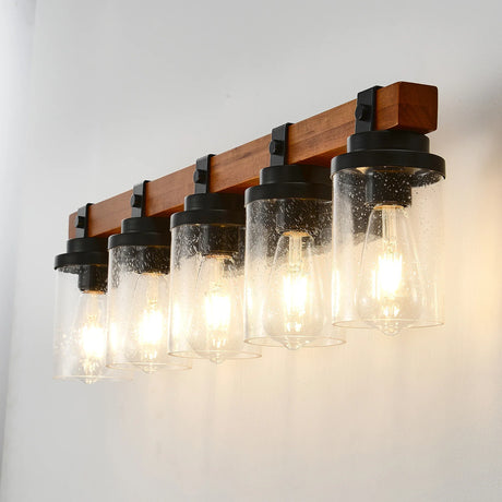 5-Light Matte Black Wood Glass Shade Wall Lamps - Omega Lifestyles