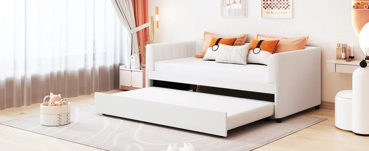 Twin Velvet Upholstered Daybed With Ergonomic Backrest And Trundle - Omega Lifestyles