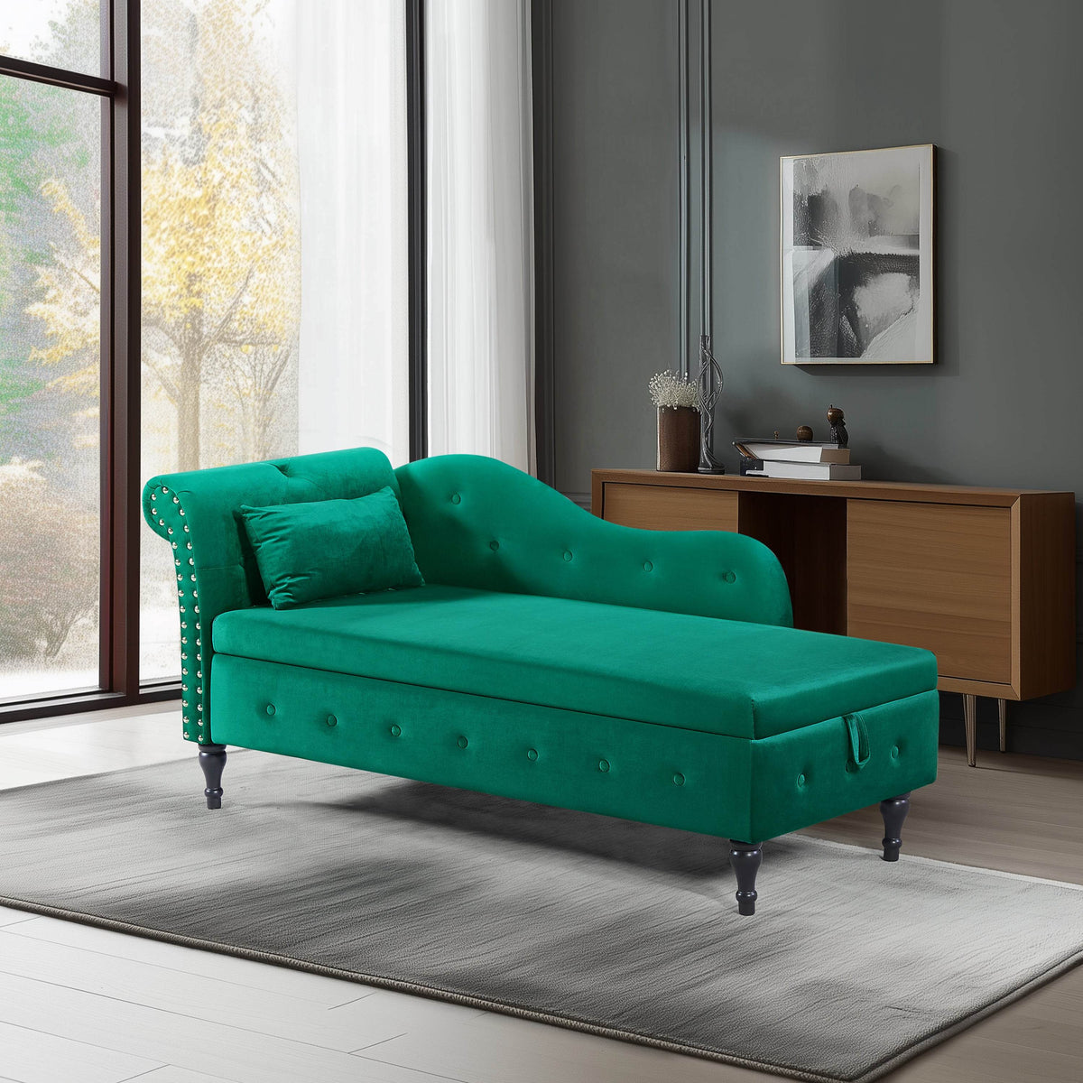 Velvet Upholstered Storage Chaise Lounge Bench - Omega Lifestyles