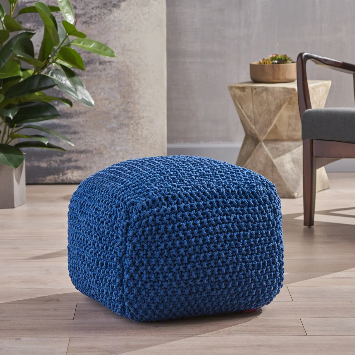 Knitted Cotton Cube Pouf Navy Modern Accent Seating - Omega Lifestyles
