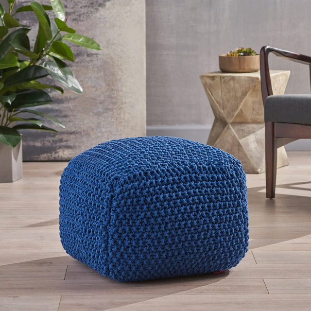 Knitted Cotton Cube Pouf Navy Modern Accent Seating - Omega Lifestyles