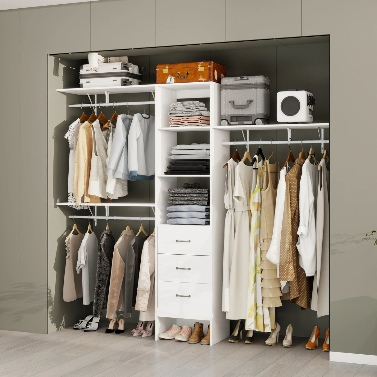 96-Inch White Adjustable Wood Metal Closet Organizer System - Omega Lifestyles