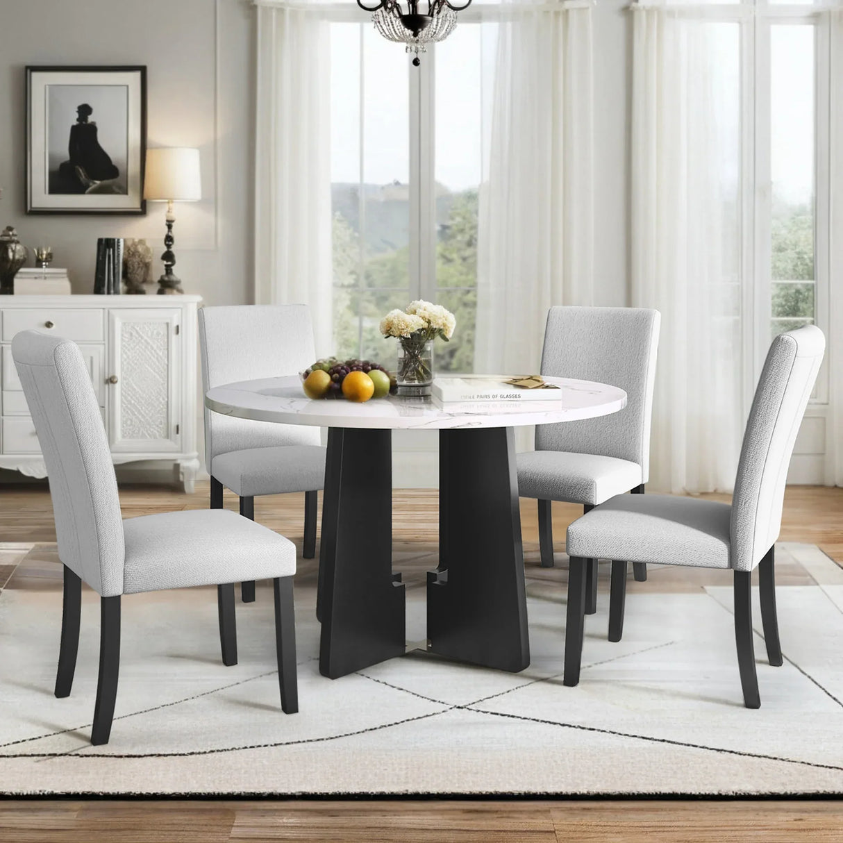 5-Piece Round Solid Wood Dining Table Set With Upholstered Chairs - Omega Lifestyles