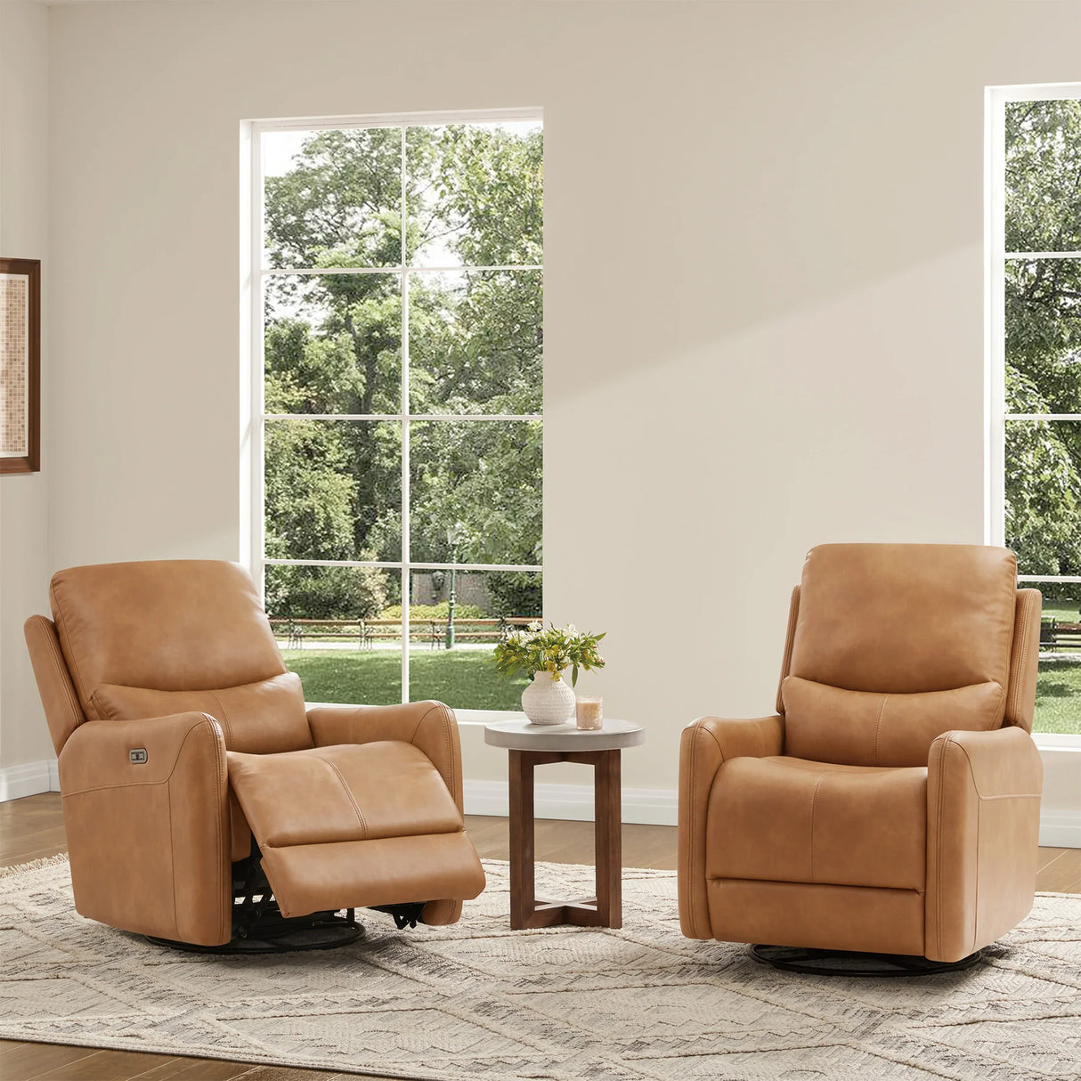 Brown Faux Leather Power Recliner Chair With Swivel And Recline - Omega Lifestyles