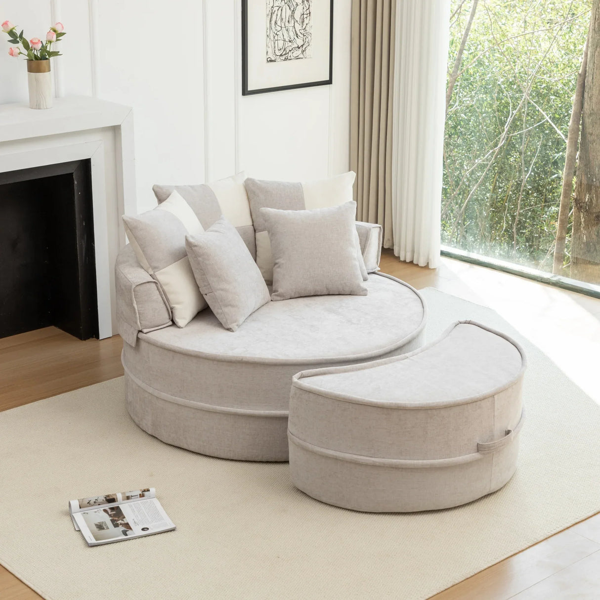 Modern Gray Chenille Barrel Accent Chair With Ottoman - Omega Lifestyles