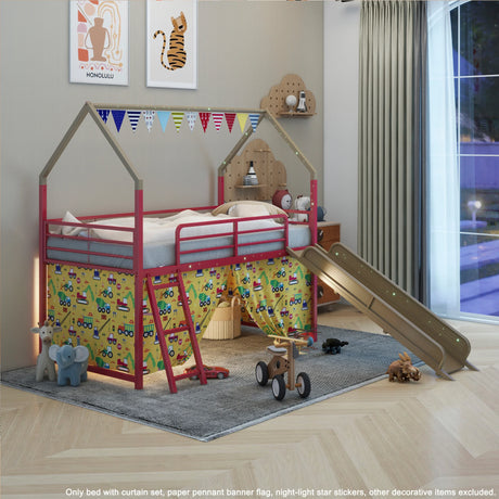 Twin Metal Junior House Loft Bed With Slide And Curtain - Omega Lifestyles