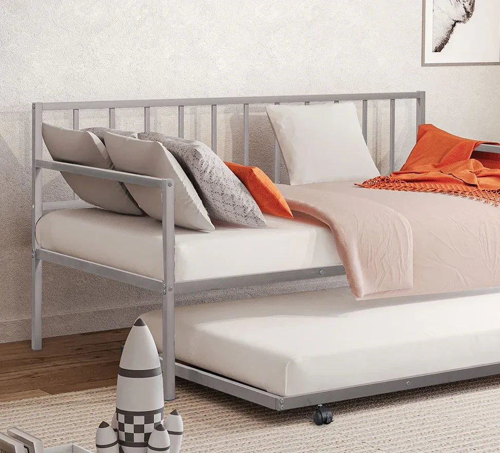 Twin Contemporary Silver Metal Daybed With Trundle Mattress Ready - Omega Lifestyles