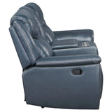 Blue Upholstered Motion Reclining Loveseat With Console - Omega Lifestyles