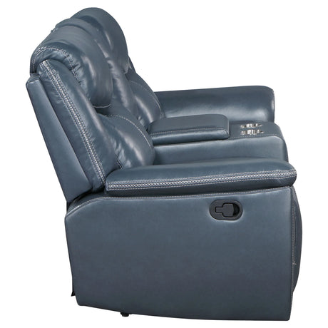 Blue Upholstered Motion Reclining Loveseat With Console - Omega Lifestyles