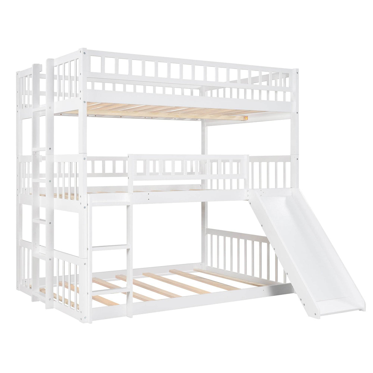 Full Triple Solid Wood Bunk Bed With Slide And Ladders - Omega Lifestyles