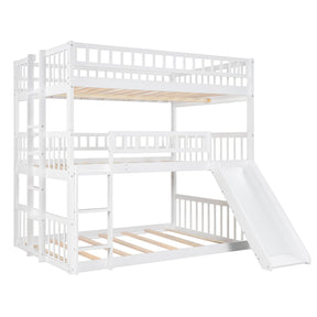 Full Triple Solid Wood Bunk Bed With Slide And Ladders - Omega Lifestyles