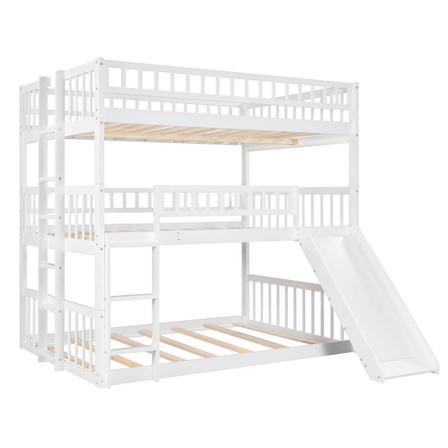 Full Triple Solid Wood Bunk Bed With Slide And Ladders - Omega Lifestyles
