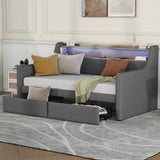 Twin Linen Upholstered Daybed With Storage Drawers Charging Station - Omega Lifestyles