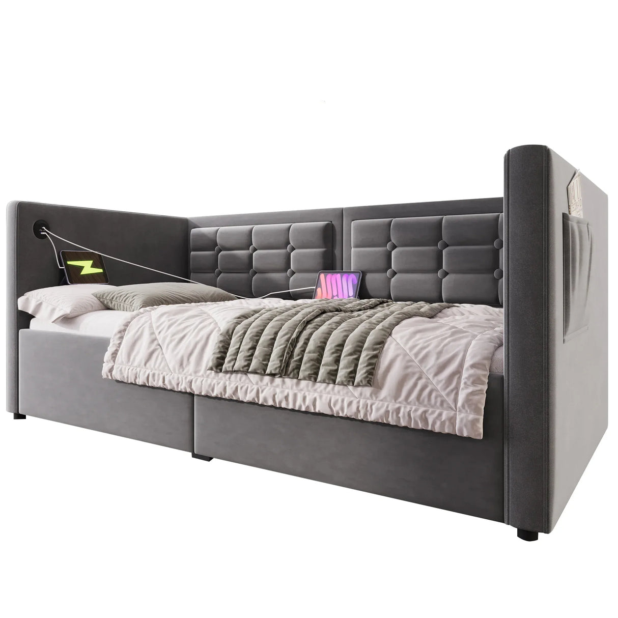 Twin Gray Velvet Upholstered Hydraulic Storage Daybed With USB Charging - Omega Lifestyles