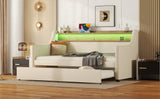 Twin PU Leather Daybed With Trundle Charging Station LED Light - Omega Lifestyles