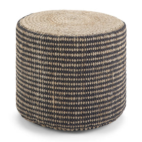 Round Braided Jute Pouf Black Fabric Accent Stool - Omega Lifestyles