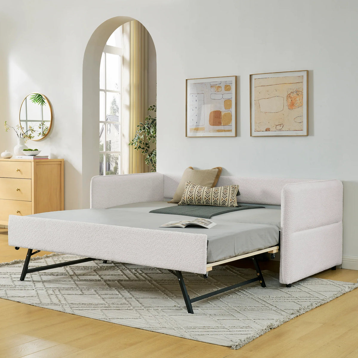 Twin Upholstered Boucle Daybed With Functional Trundle - Omega Lifestyles