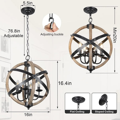 Farmhouse 4-Light Height Adjustable Wood Metal Chandelier - Omega Lifestyles