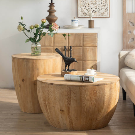 2-Piece Vintage Fir Wood Bucket Shaped Coffee Table Set - Sleep Galleria