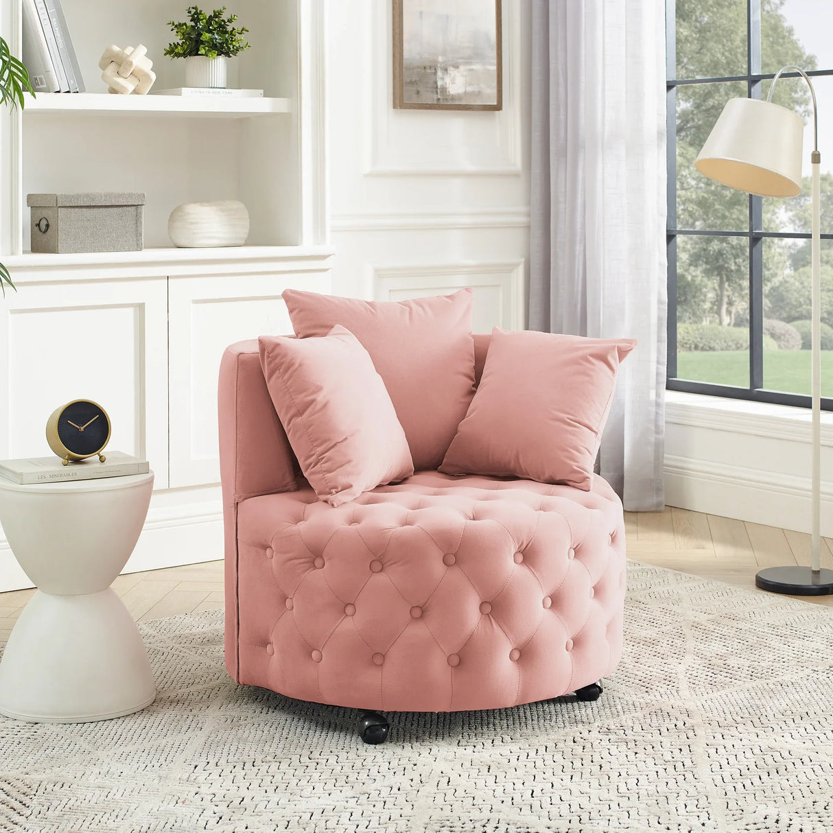 Pink Velvet Upholstered Swivel Chair With Movable Wheels - Omega Lifestyles