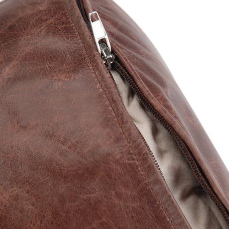 Distressed Brown Genuine Leather Round Pouf Stool - Omega Lifestyles