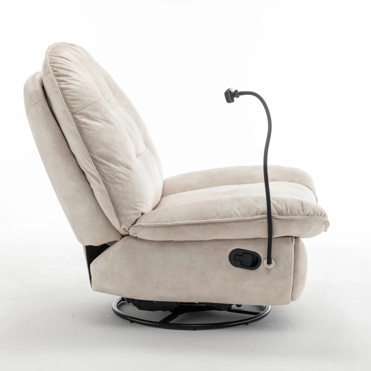 Modern Ivory Velvet Swivel Gliding Recliner Chair With Phone Holder - Omega Lifestyles
