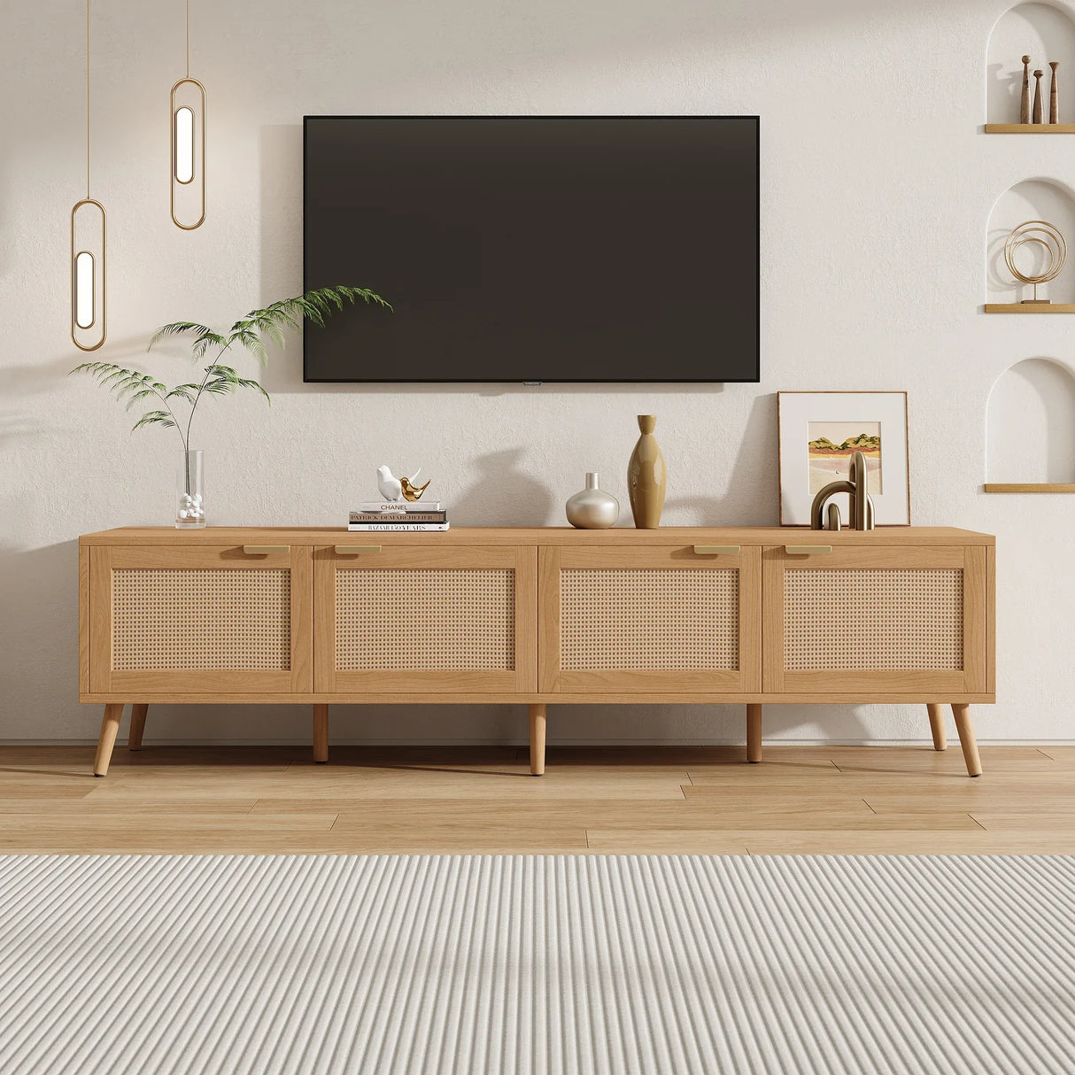 70-Inch Modern Natural Wood TV Stand With Rattan Doors - Omega Lifestyles