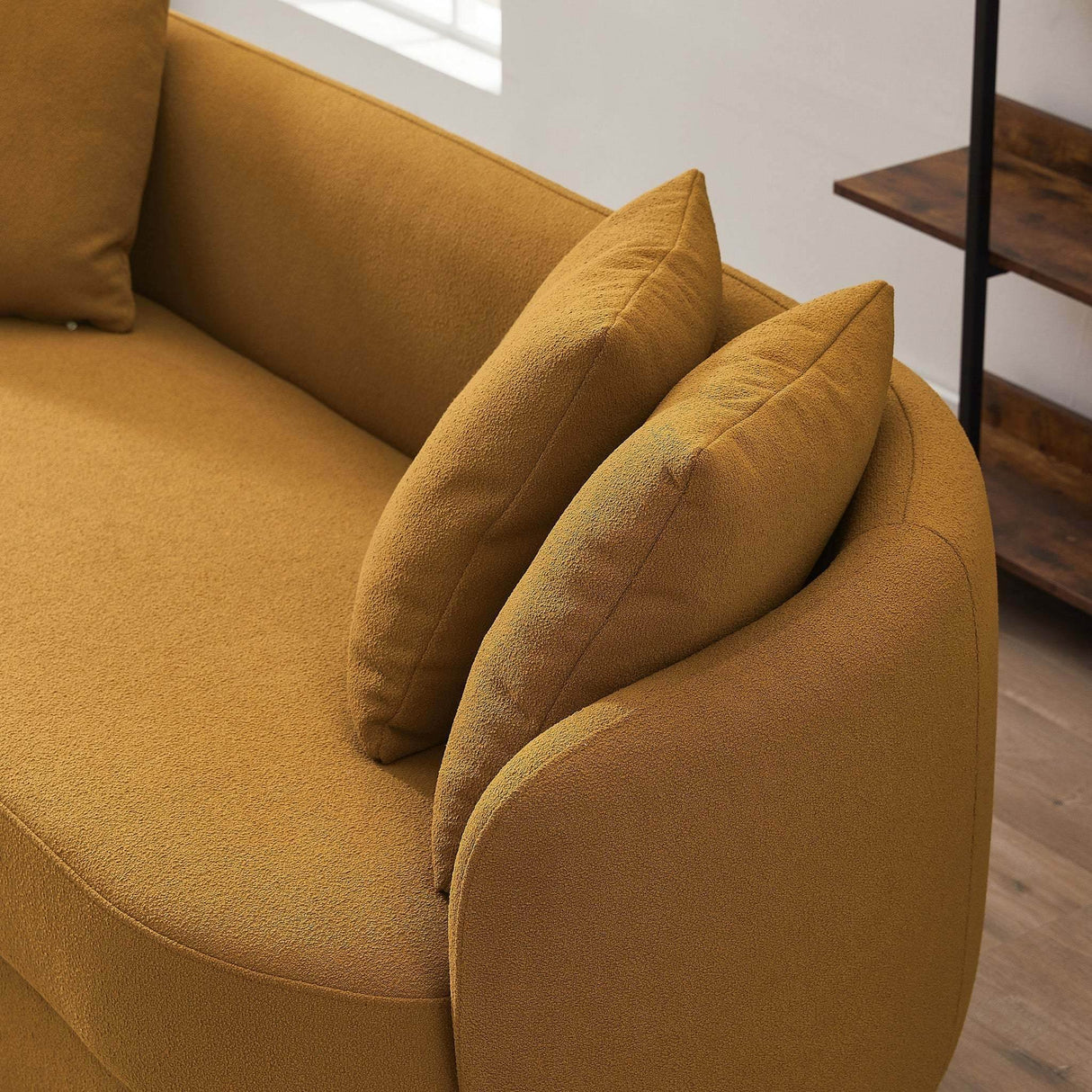 Mid-Century Modern Dark Yellow Boucle Sofa - Omega Lifestyles