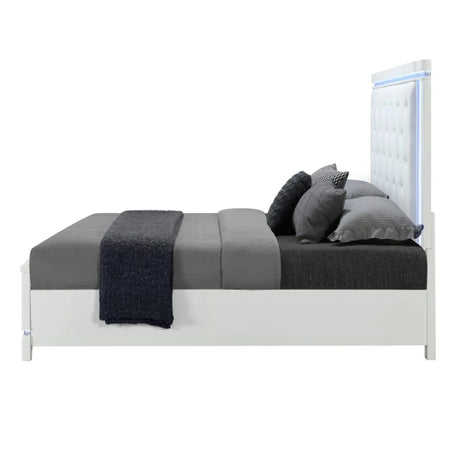 King Contemporary White Tufted Panel Bed Frame With LED Lights - Omega Lifestyles