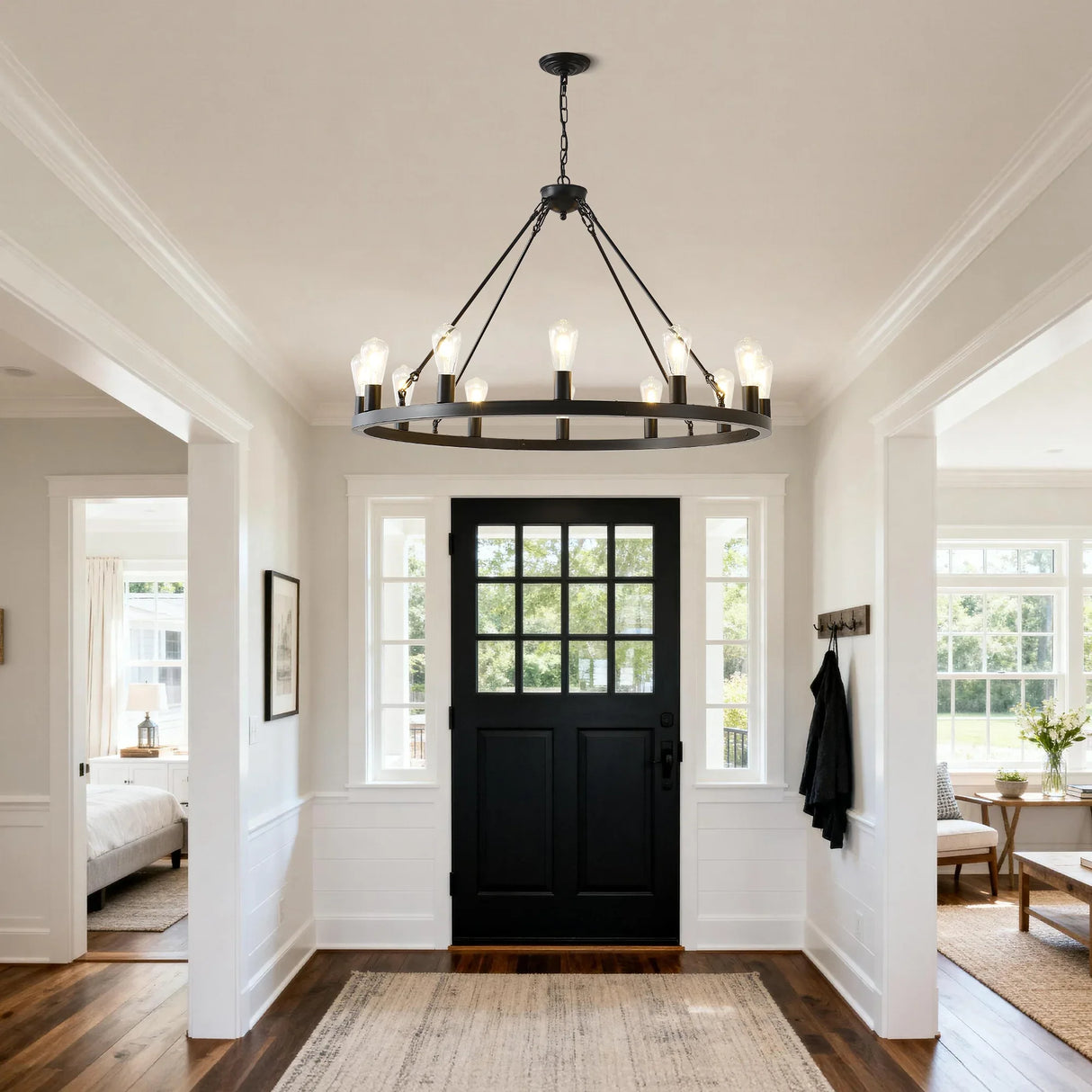 Farmhouse Matte Black Wagon Wheel 12-Light Chandelier - Omega Lifestyles