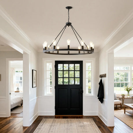 Farmhouse Matte Black Wagon Wheel 12-Light Chandelier - Omega Lifestyles