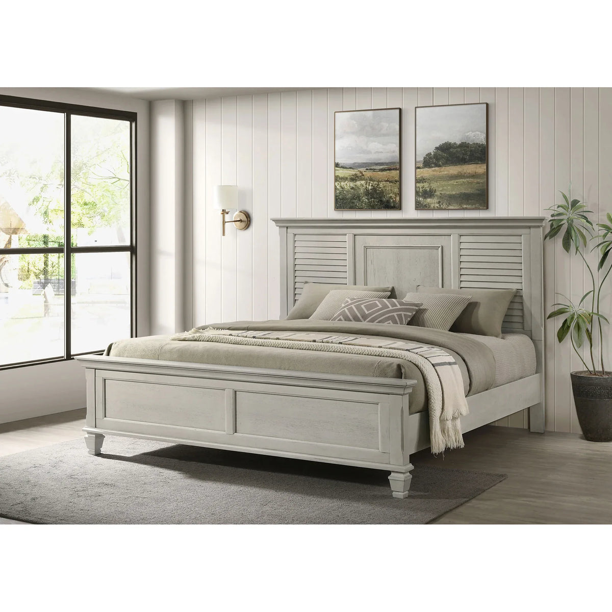 King Farmhouse Distressed White Wood Panel Bed Frame - Omega Lifestyles