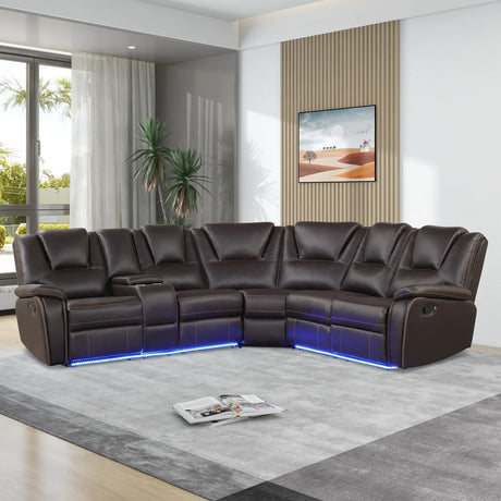 Modern Brown PU Leather Manual Reclining Sectional Sofa - Omega Lifestyles