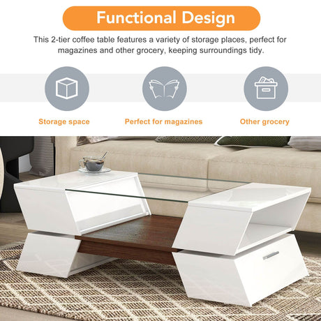Modernist 2-Tier White Glass Top Coffee Table - Sleep Galleria
