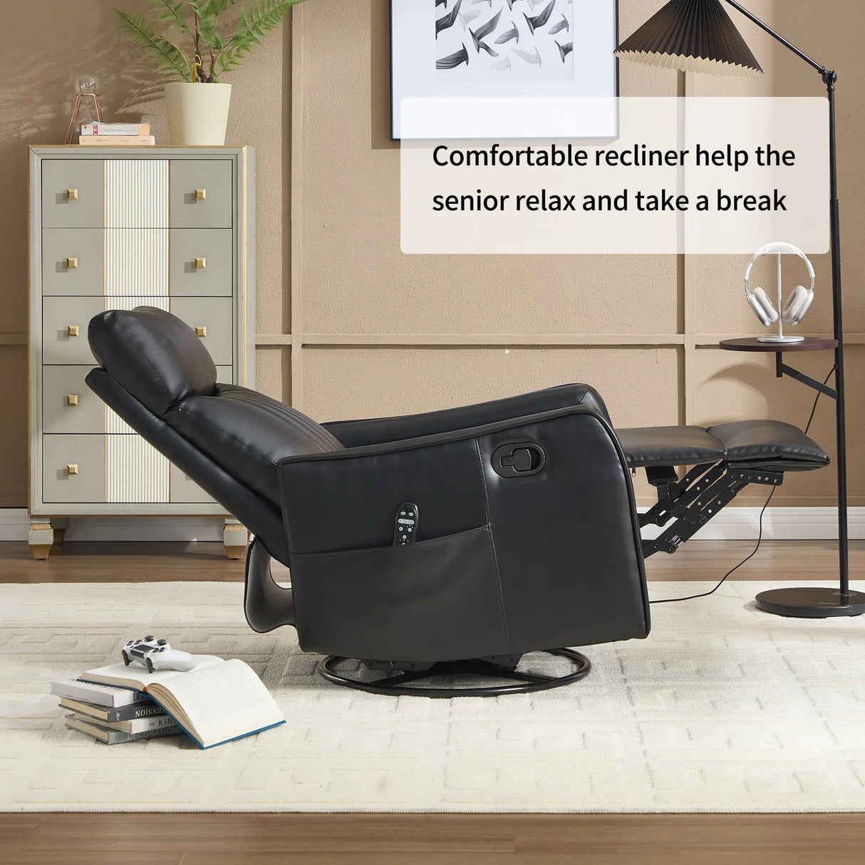 Black Faux Leather Medium-Firm Heat Massage Recliner Chair - Omega Lifestyles
