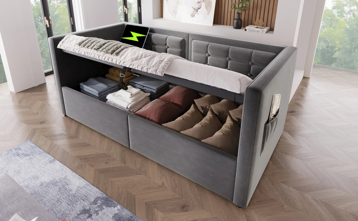 Twin Gray Velvet Upholstered Hydraulic Storage Daybed With USB Charging - Omega Lifestyles