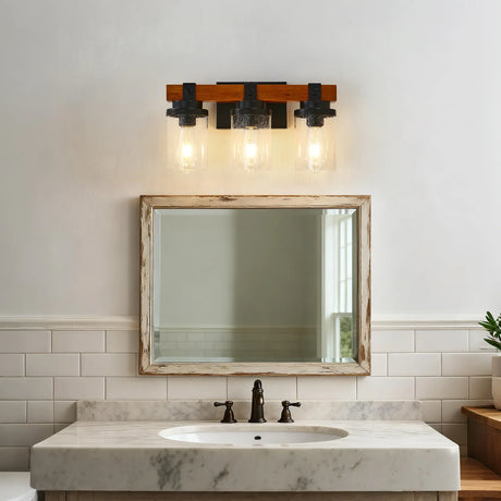 3-Light Matte Black Wooden Glass Shade Wall Lamp - Omega Lifestyles