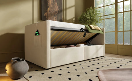 Twin Beige Velvet Upholstered Hydraulic Storage Bed Frame - Omega Lifestyles