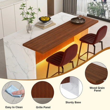 Modern Rectangular Kitchen Island With Marble Look LED Lighting - Omega Lifestyles