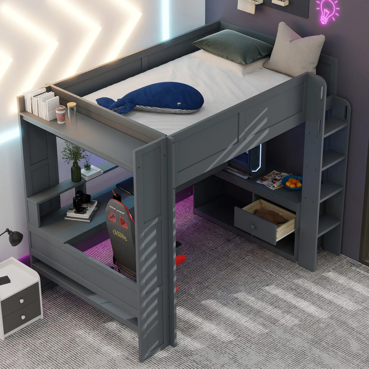 Full Wood Gaming Loft Bed Frame With Desk LED Charging Station - Omega Lifestyles