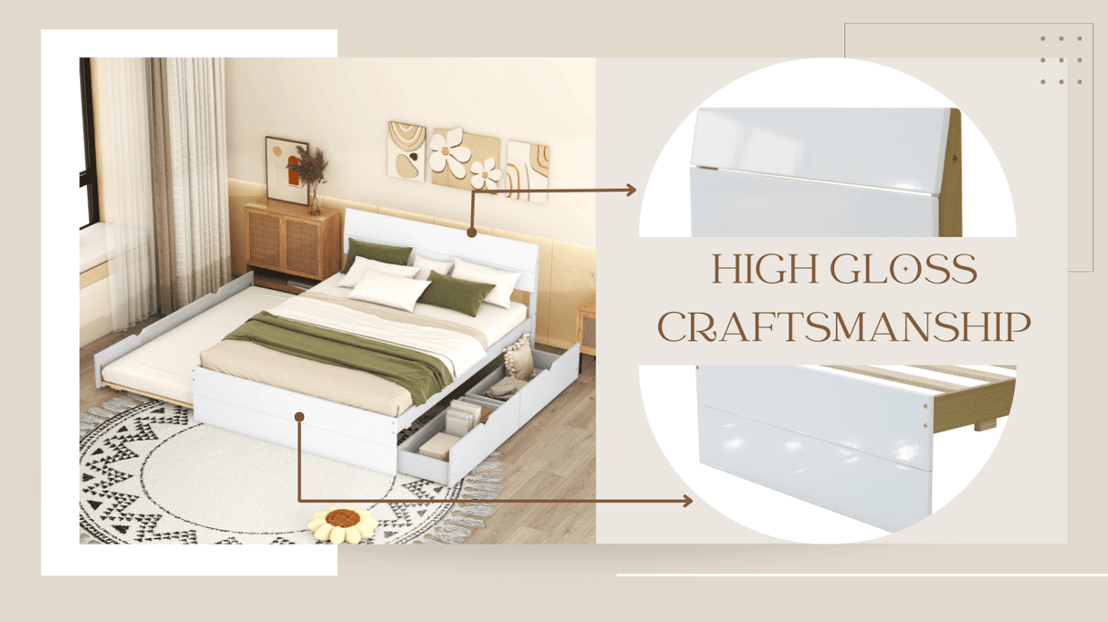 Modern Full White High Gloss Bed Frame With Trundle - Omega Lifestyles