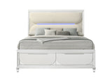 Queen White Boucle Storage Bed Frame With LED Lighting - Omega Lifestyles