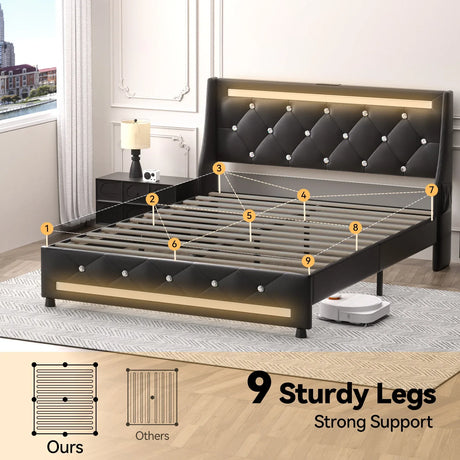 Queen Modern Upholstered Platform Bed Frame With Charging - Omega Lifestyles