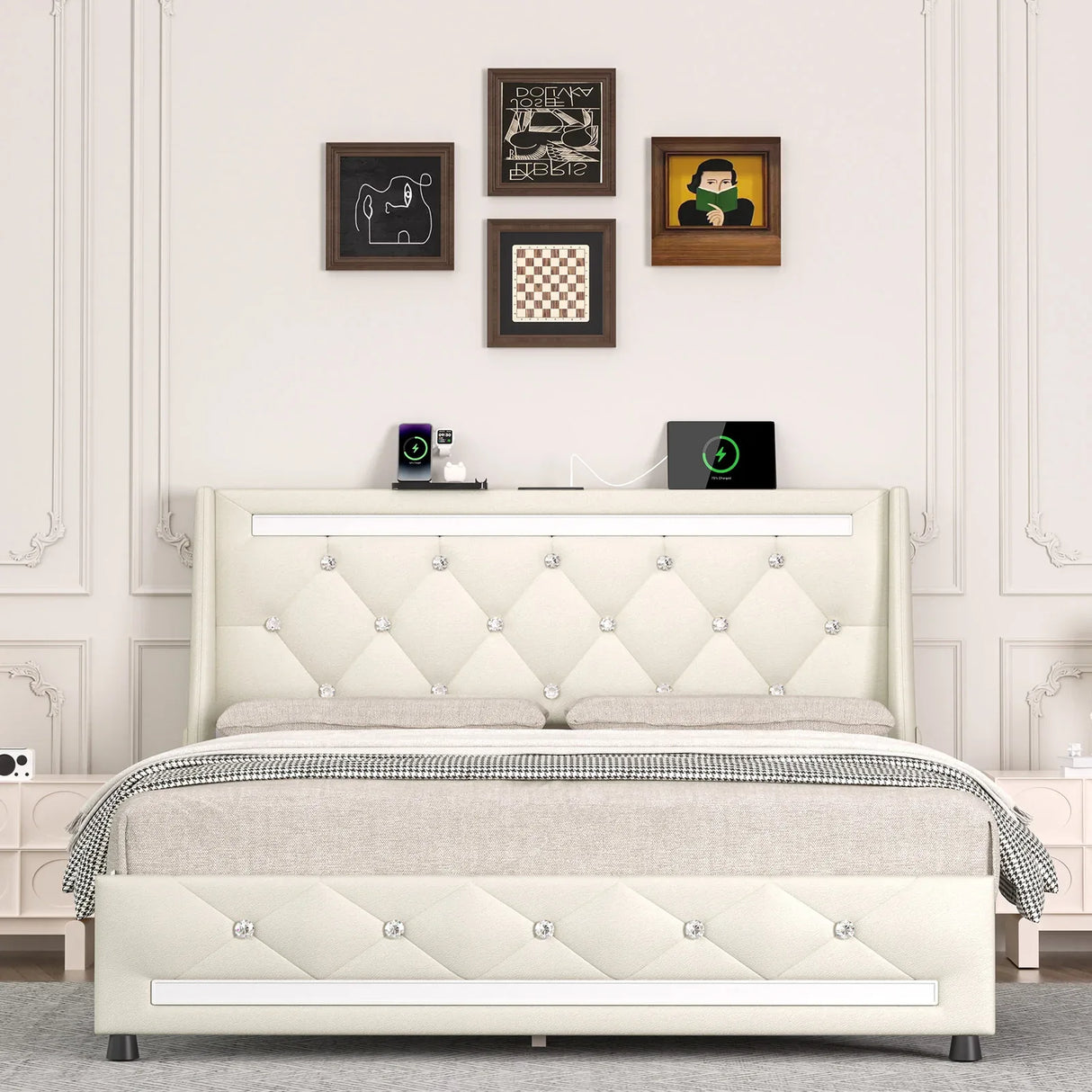 Queen Upholstered Memory Foam Platform Bed Frame With LED - Omega Lifestyles