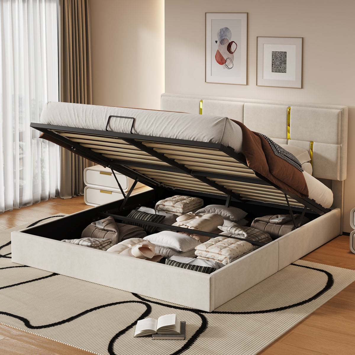 Queen Upholstered Velvet Platform Bed With Hydraulic Storage