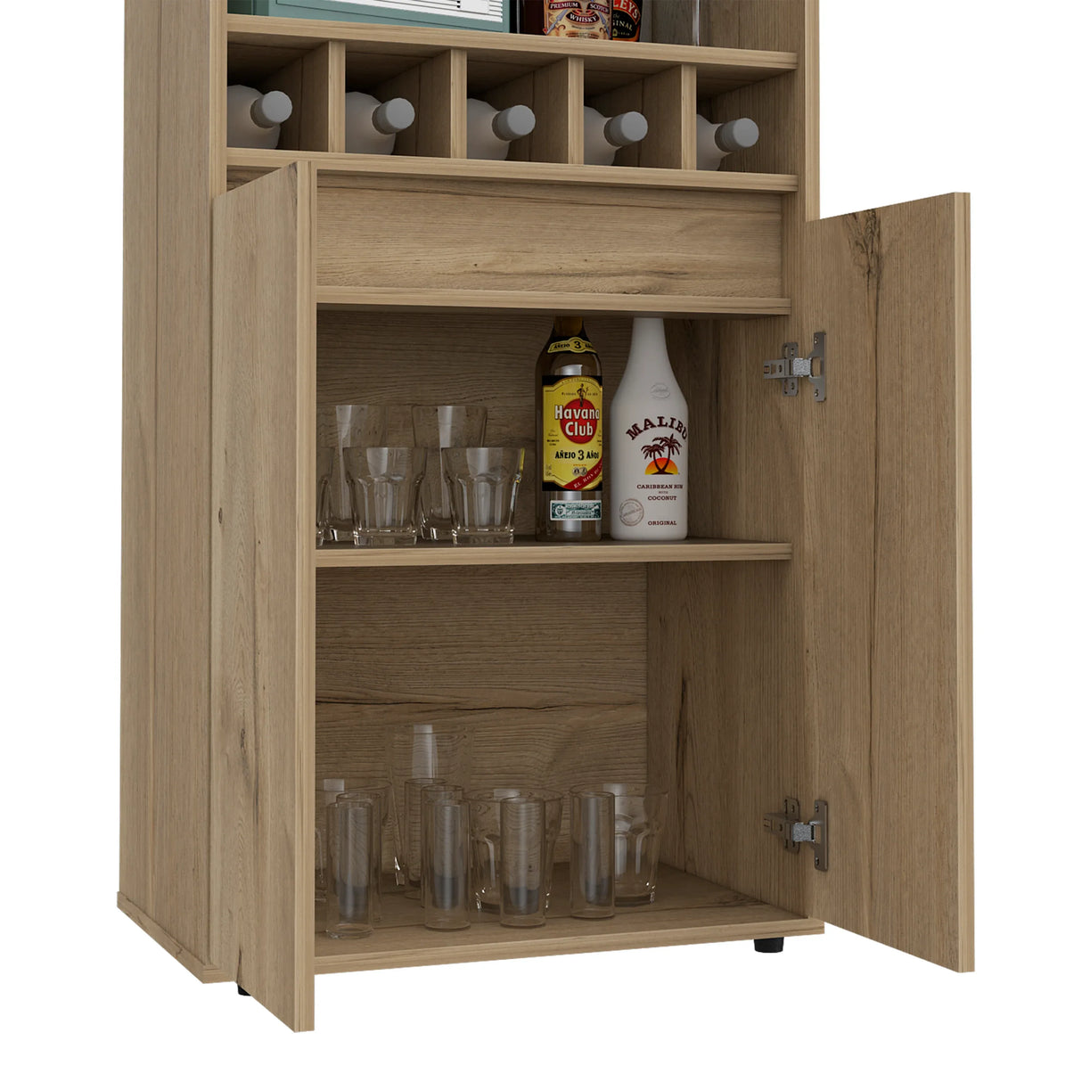 Light Oak 71-Inch Bar Cabinet With Wine Glass Rack - Omega Lifestyles